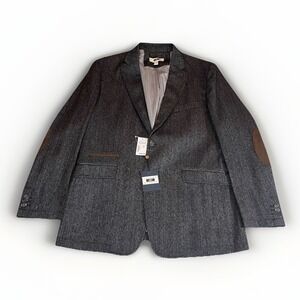 Joseph Abboud Blazer Mens XL Black Wool Blend Herringbone Elbow Patch Sport Coat